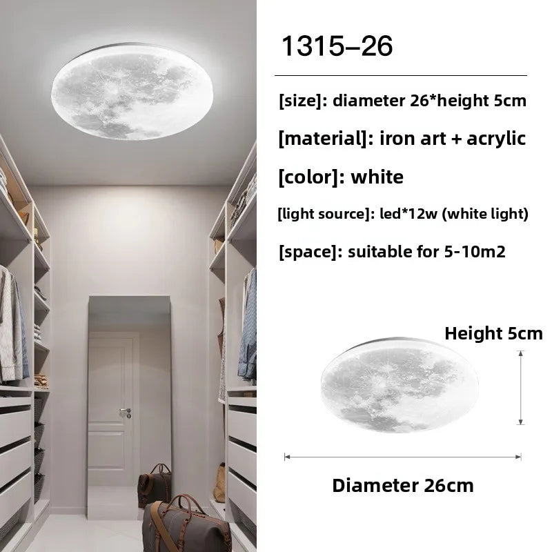 Ceiling light fixture with moon design in a room setting, including dimensions and material details.