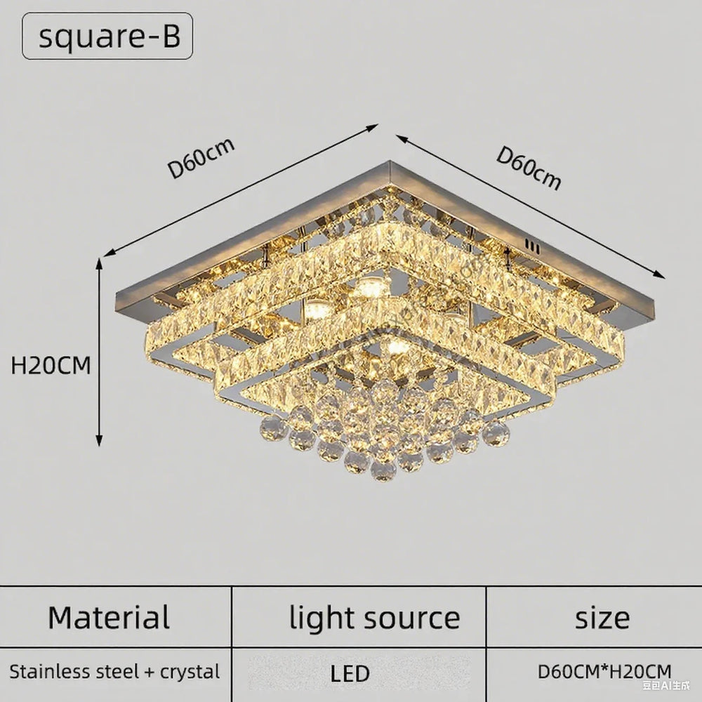 Ceiling light fixture with dimensions and material details on a gray background
