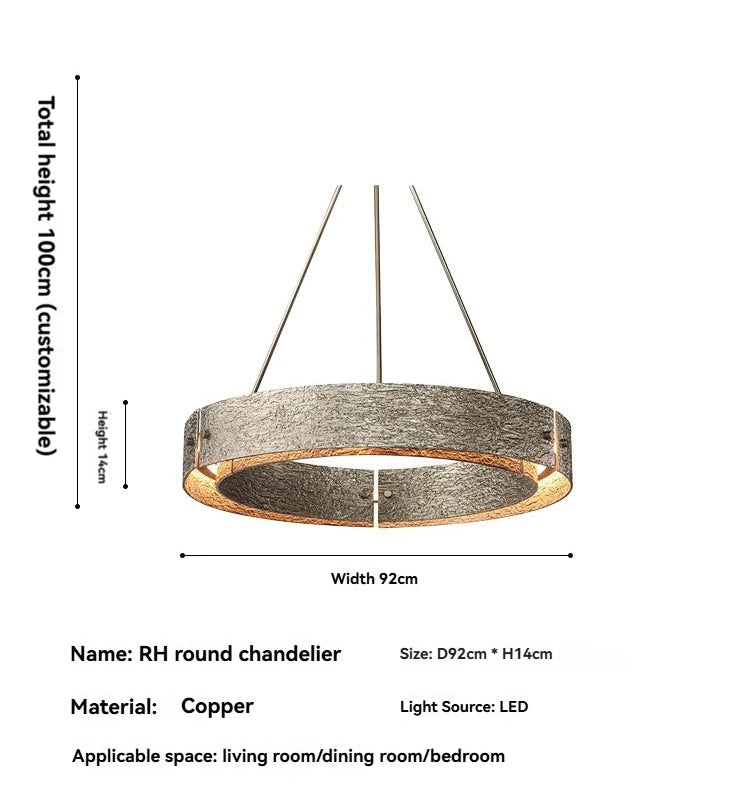 RH round chandelier with dimensions and material details on a white background
