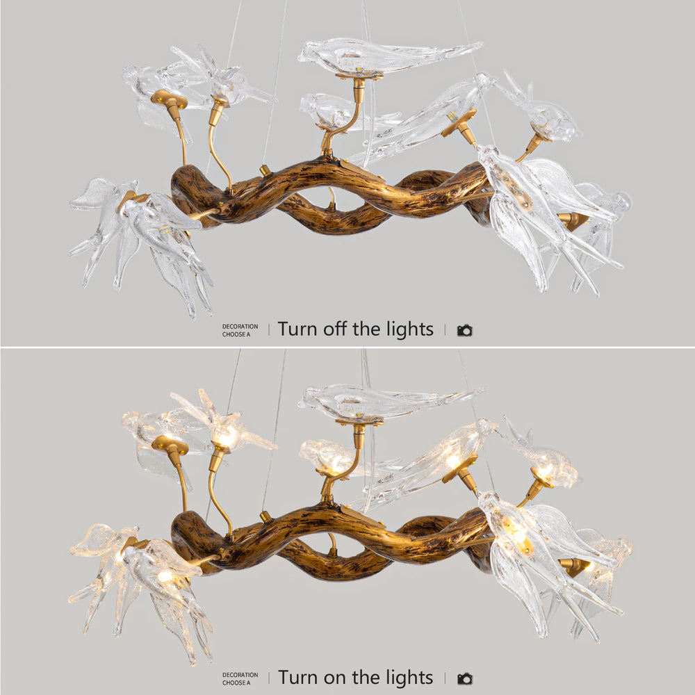 Chandelier with natural wood design and glass elements on a gray background.