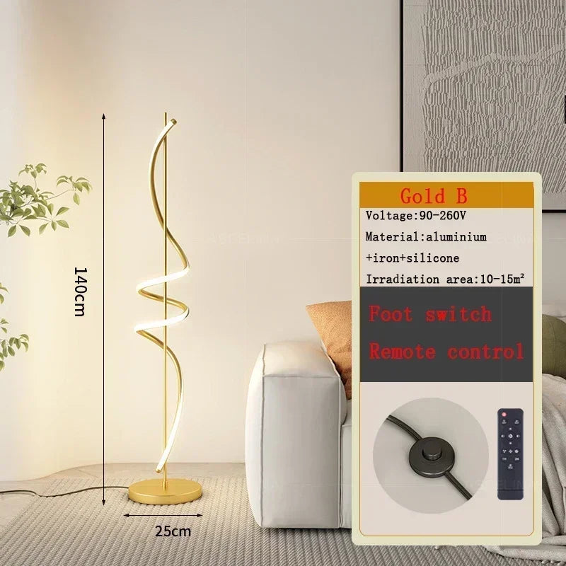 Gold spiral floor lamp with control panel and dimensions in a room setting.