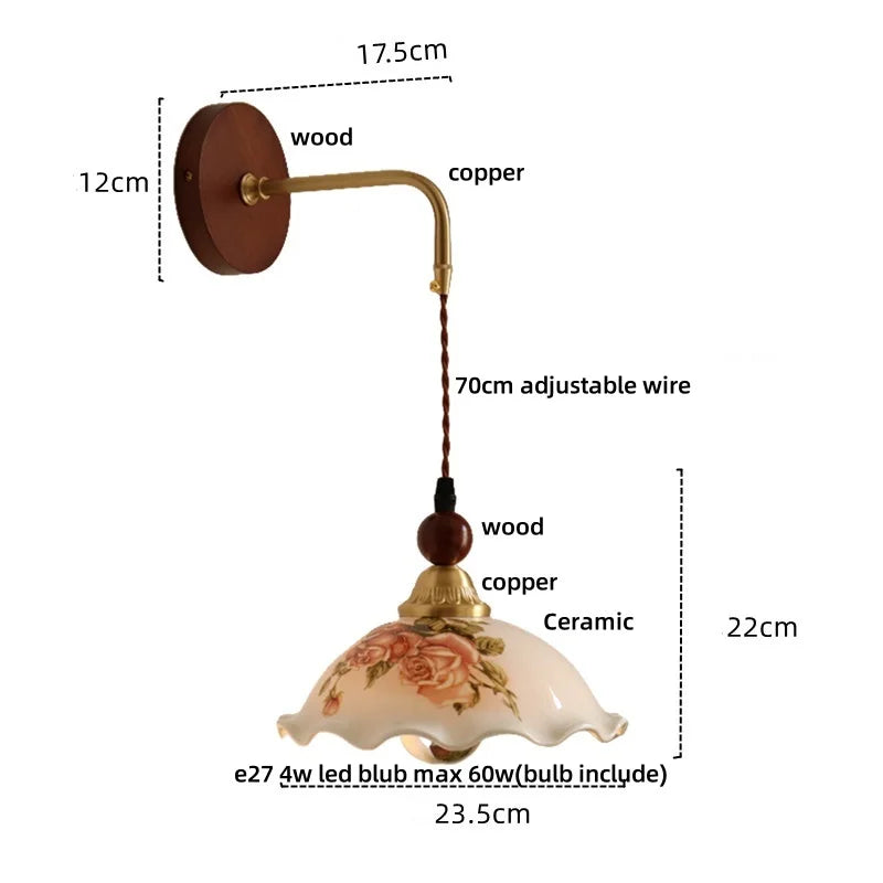 Wall-mounted light fixture with dimensions and material labels on a white background