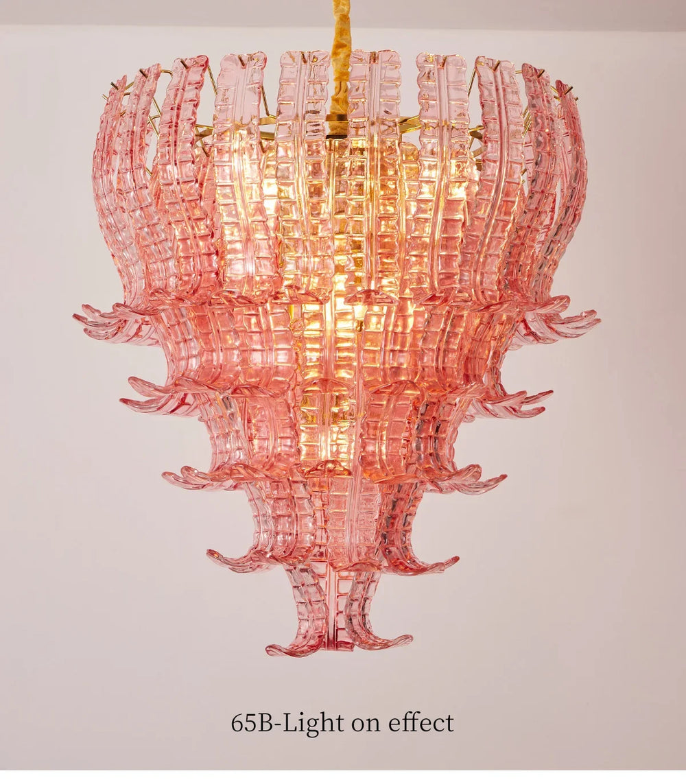 Pink glass chandelier on a plain background