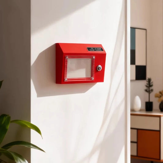 Close-up of a red retro radio shaped wall sconce, showing the metallic grille and knob switch.