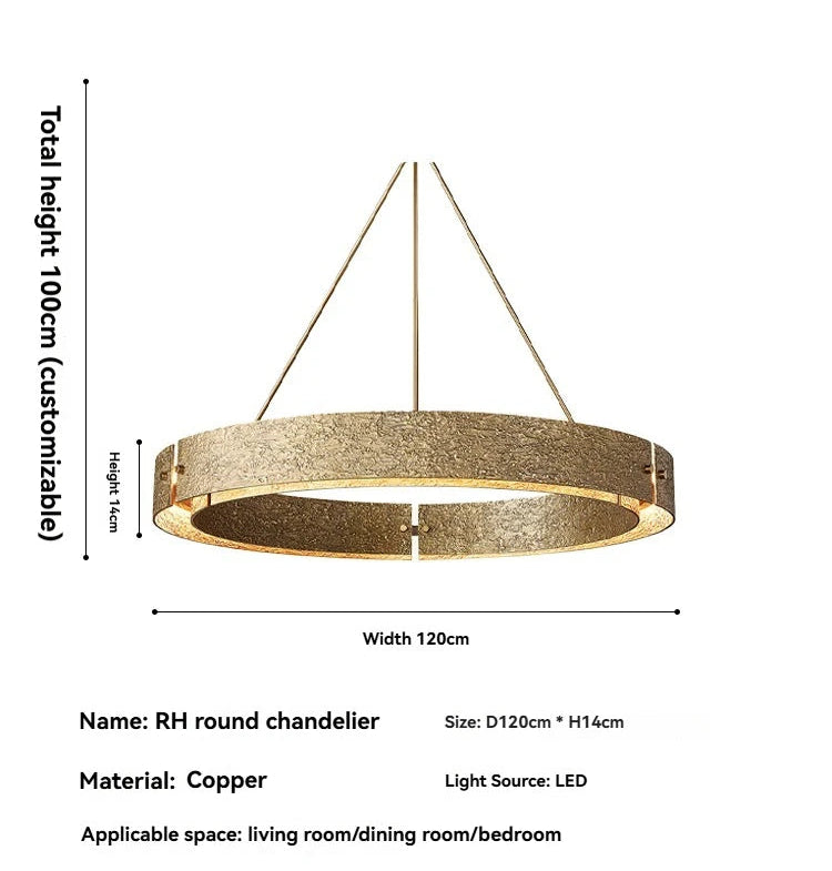 Round chandelier with dimensions and material details on a white background