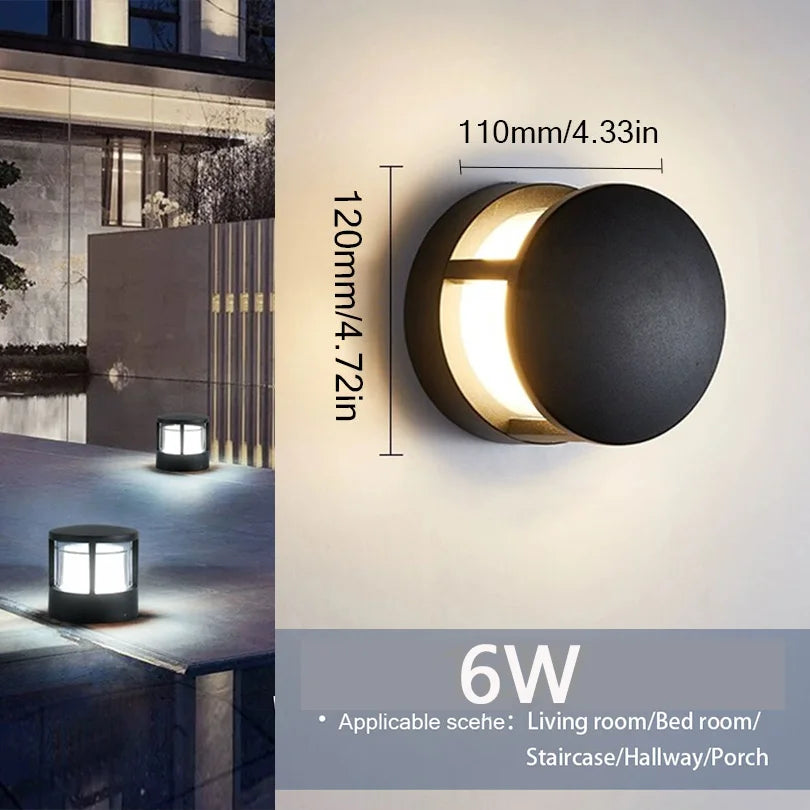 Outdoor wall light fixture with dimensions and application areas shown