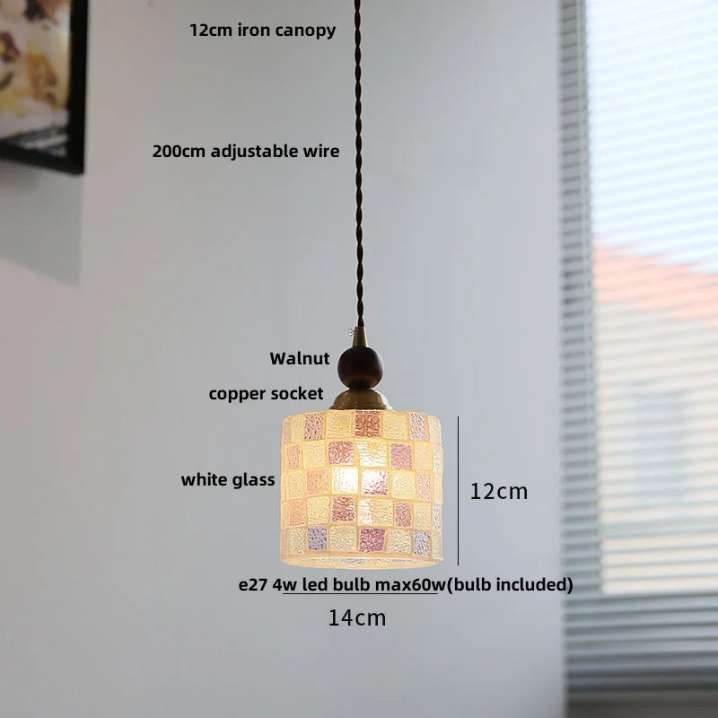 Pendant light with labeled dimensions and features on a neutral background