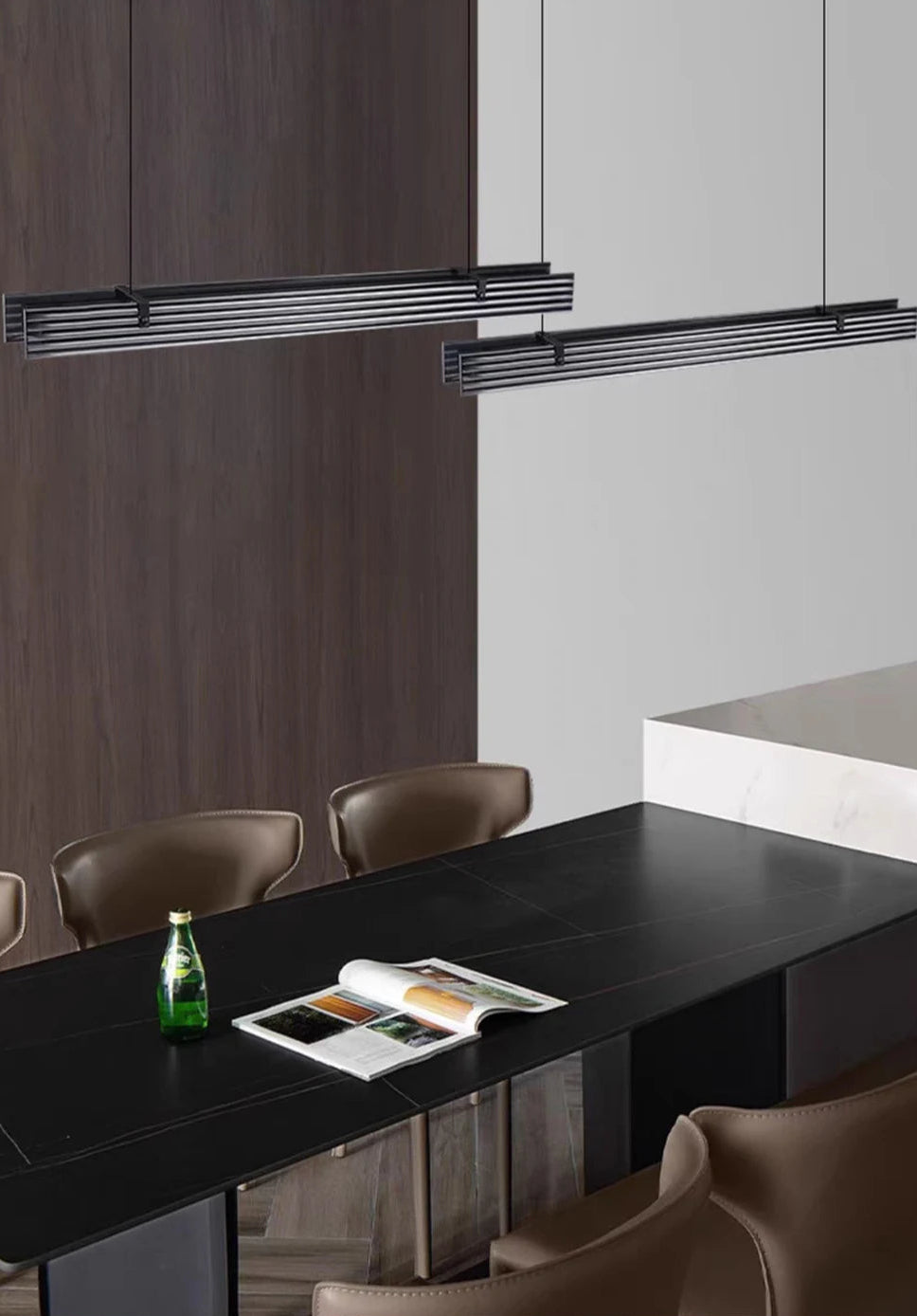 Modern office meeting room with dark wooden table, chairs, and decorative elements.