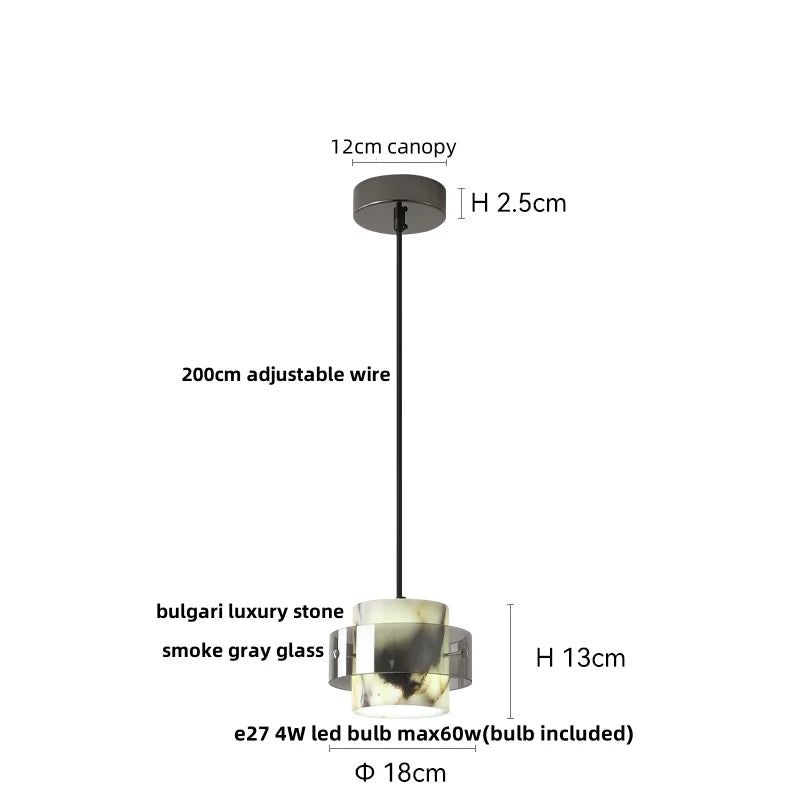Pendant light with measurements and specifications on a white background