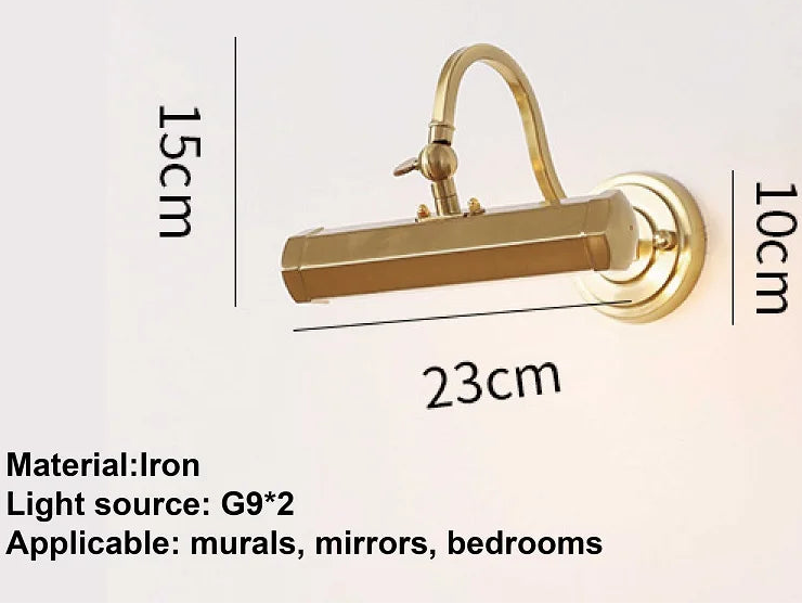 Gold wall lamp with dimensions and material details on a beige background
