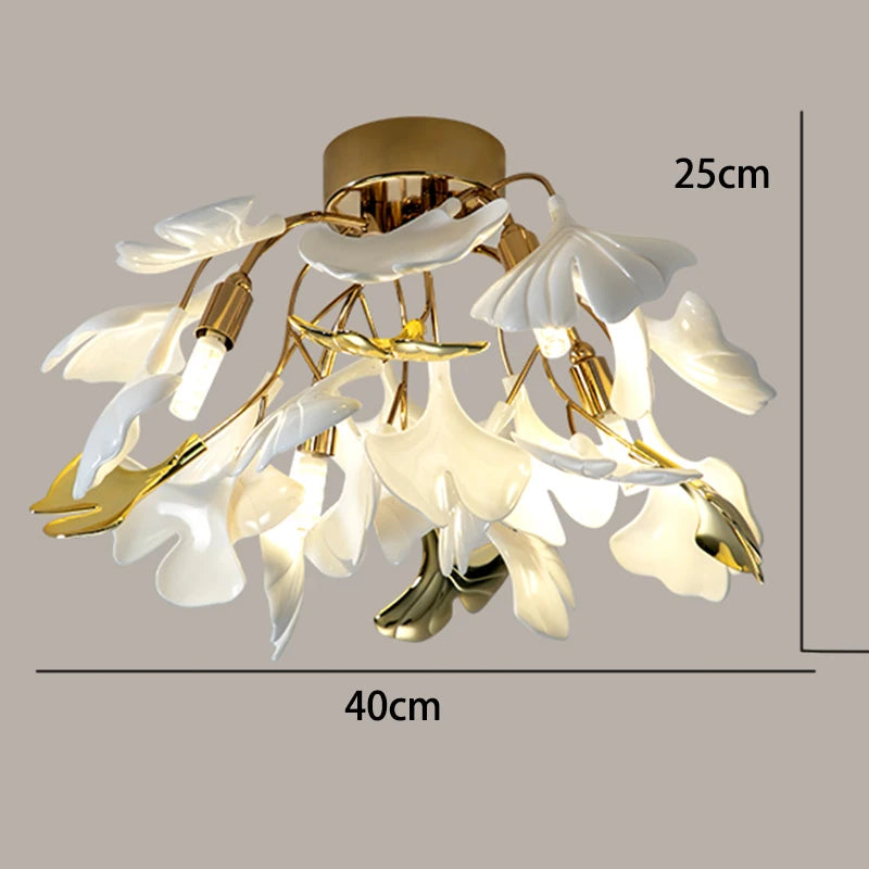 Ceiling light fixture with white floral design and gold accents, shown with dimensions on a gray background.