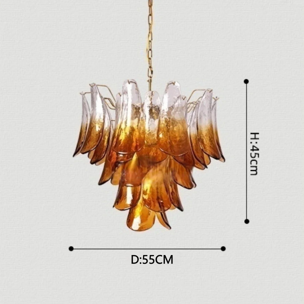 Chandelier with dimensions labeled on a gray background