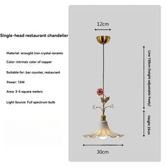 Gold Metal Chandelier with Rose Bud Accents and Frosted Glass Shades