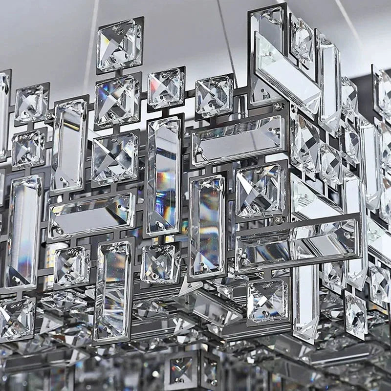 Close-up of a crystal chandelier with reflective surfaces