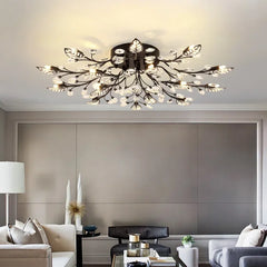 Close-up of the gold crystal leaf design on a semi-flush ceiling light