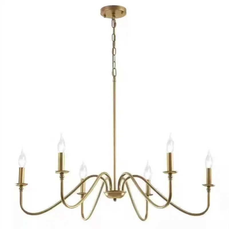 Close-up view of a gold candelabra-style chandelier, showcasing its metallic finish and bulb holders.