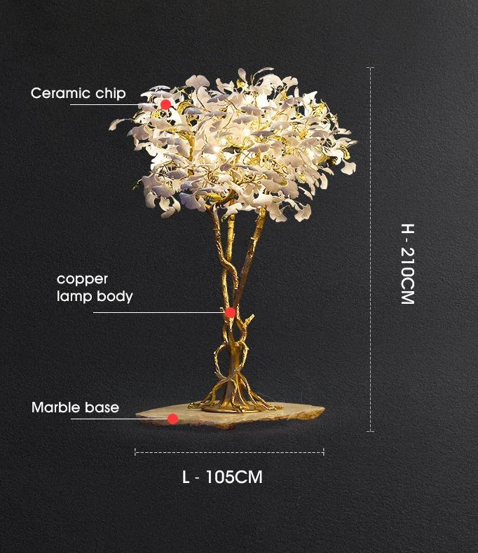 Decorative lamp with labeled parts and dimensions on a black background