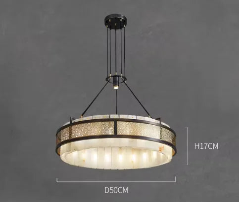 Chandelier with dimensions on a gray background