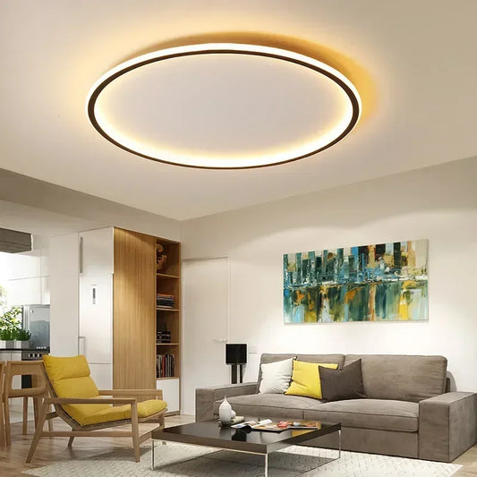 Modern black circular flush mount ceiling light installed in a living room.