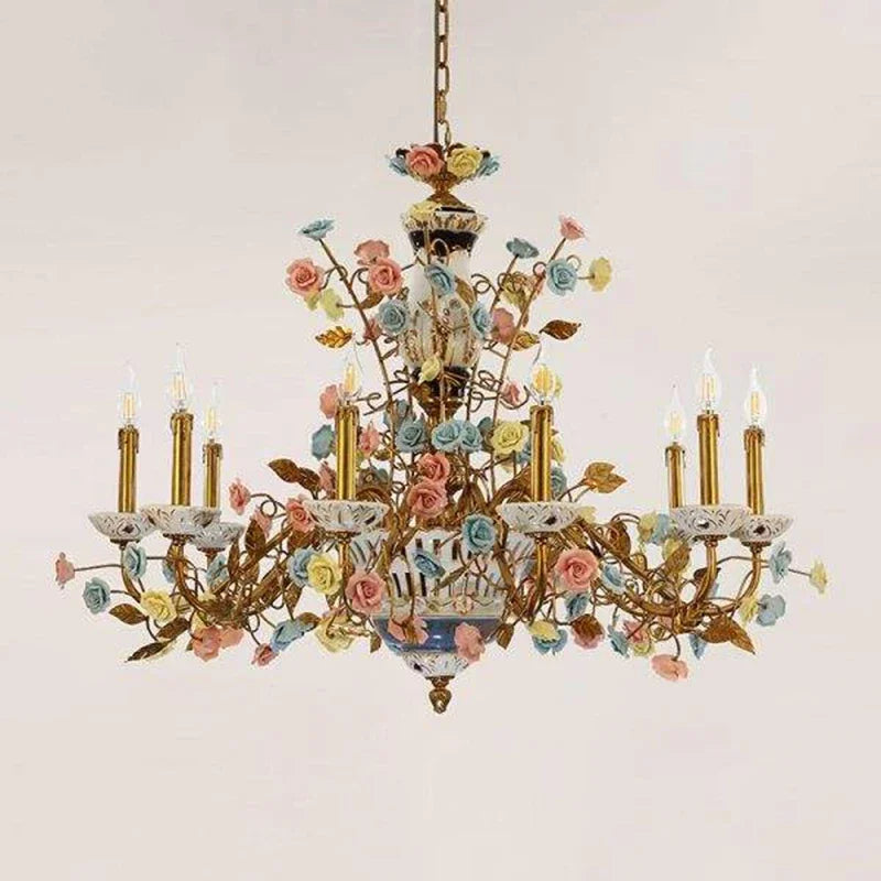 Side view of the gold ceramic rose floral chandelier, highlighting the cascading arrangement of flowers and multiple light sources.