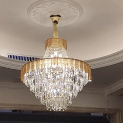 Gold Tiered Crystal Cascading Pendant Light with Blue Accents
