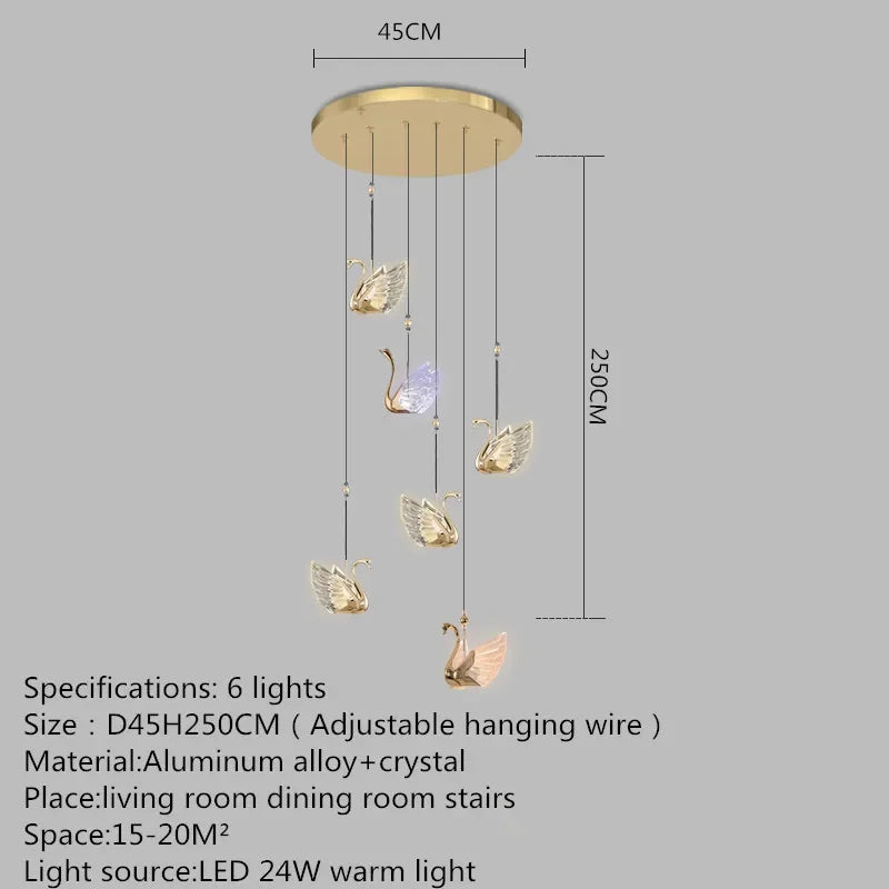 Chandelier with swan design and dimensions on a gray background