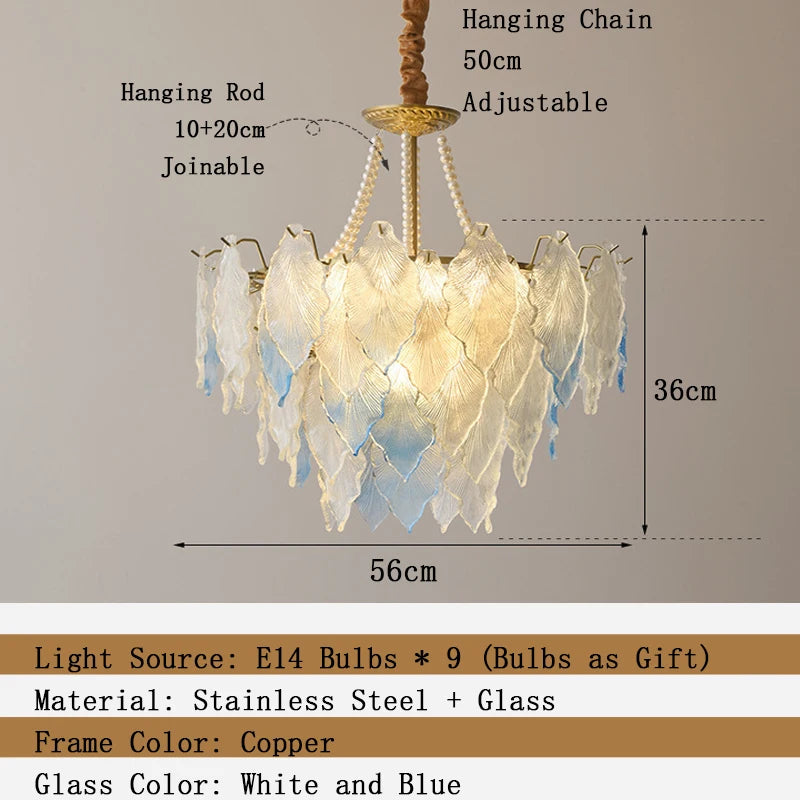 Chandelier with measurements and product details on a beige background