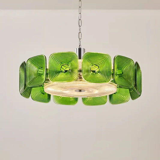 Green glass square geometric chandelier shown hanging from a chain against a plain background.