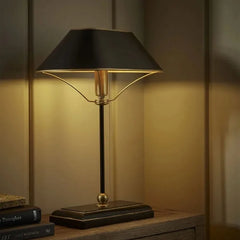 Black Cone Shade Metal Table Lamp with Gold Accents and Drum Base