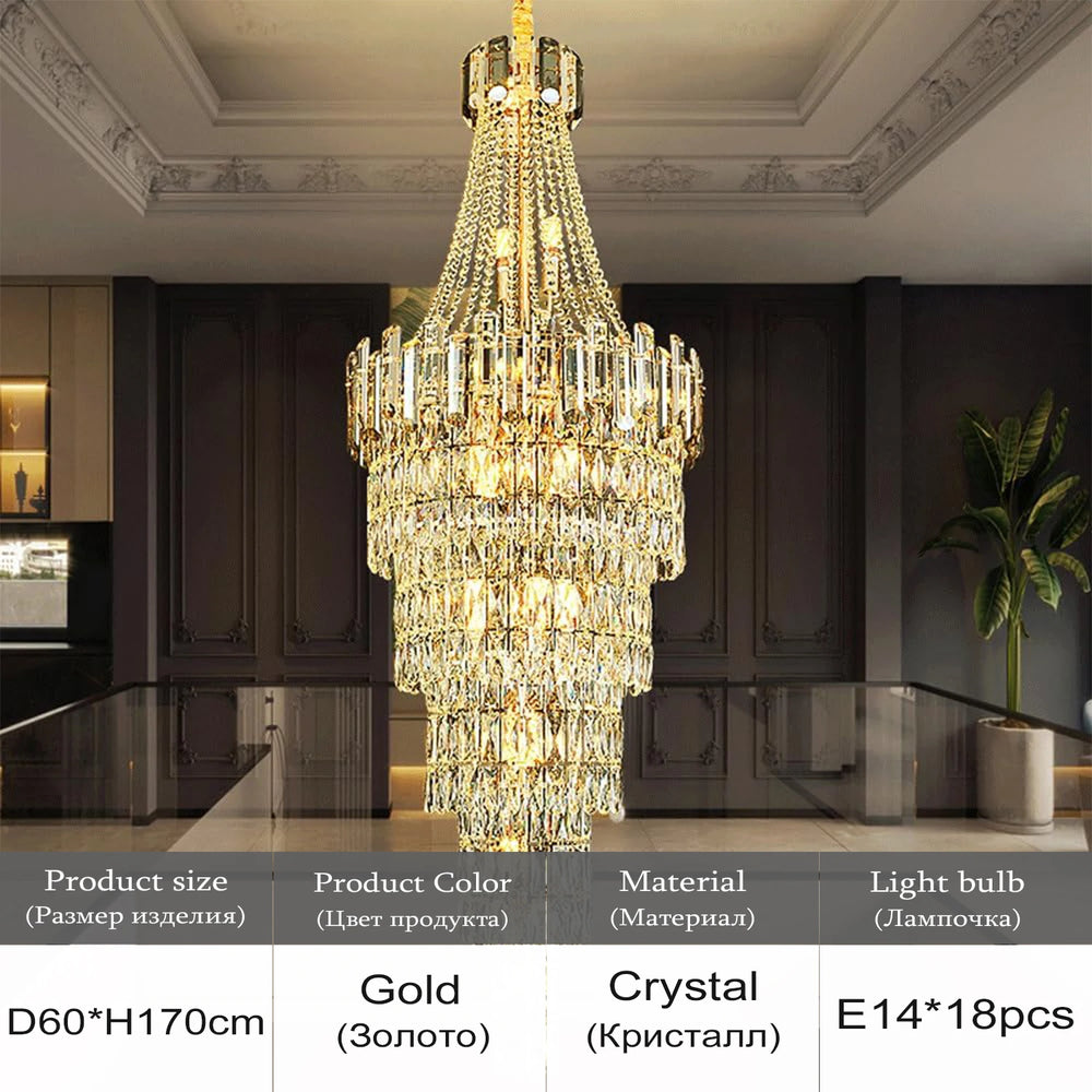 Gold crystal chandelier in a modern interior setting