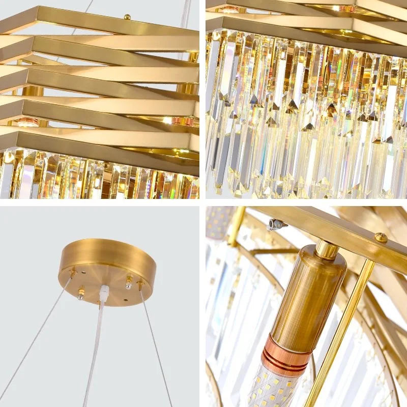 Collage of a gold chandelier with close-up details on a white background