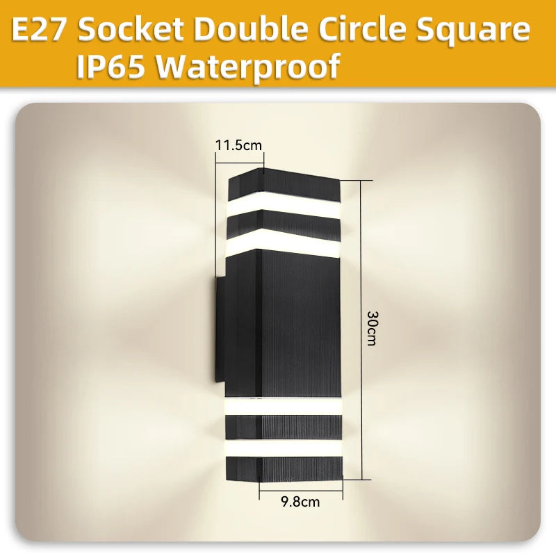 Black LED wall light fixture with measurements on a beige background