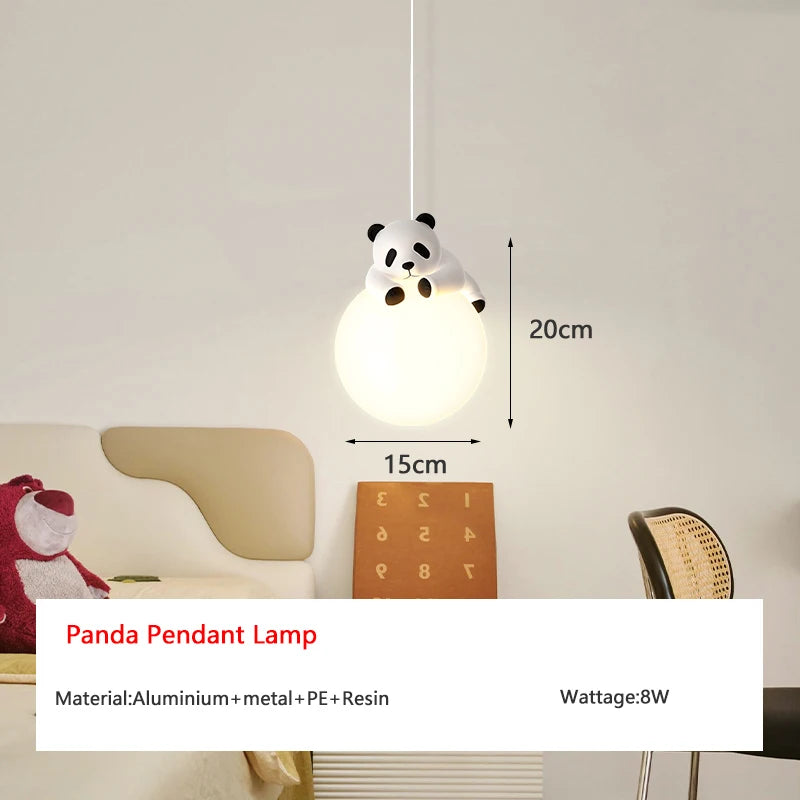 Panda pendant lamp with dimensions and product details on a neutral background