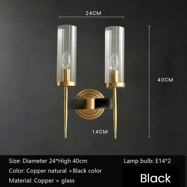 Wall sconce with dimensions and specifications on a dark background