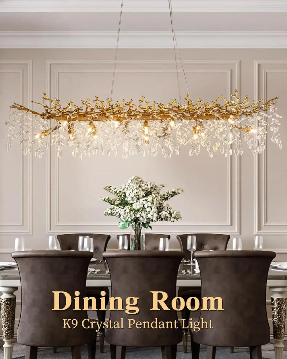 Dining room with a gold crystal pendant light fixture.