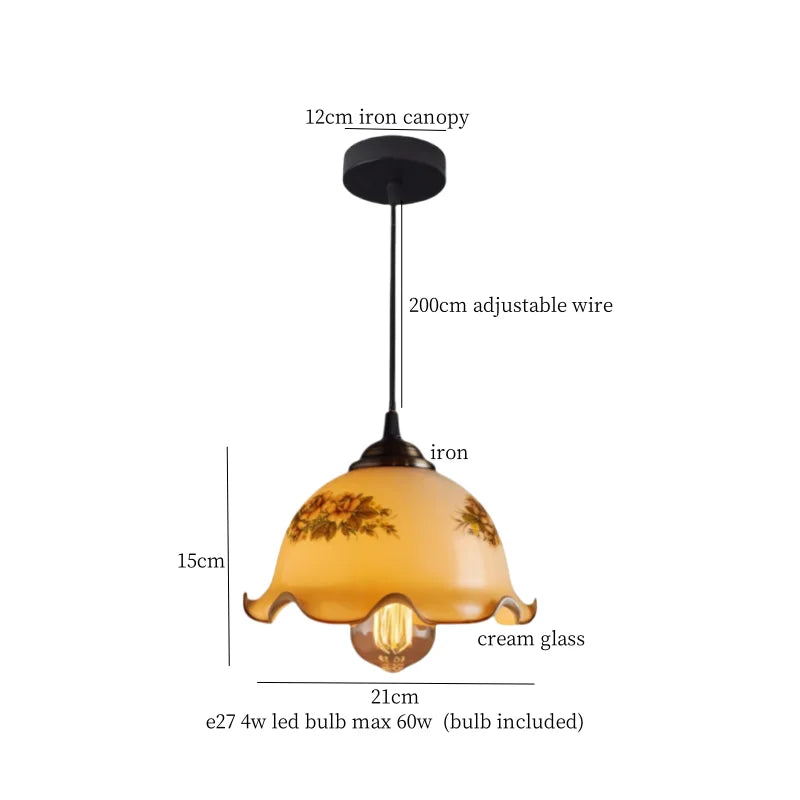 Pendant light with measurements on a white background