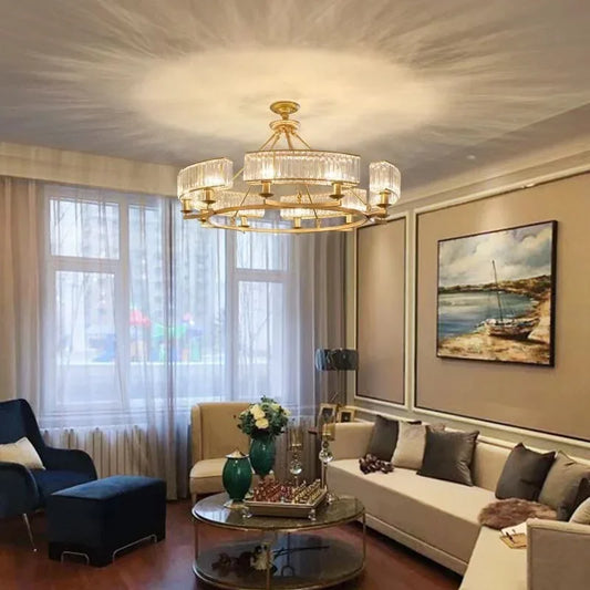 Close-up of a gold crystal chandelier pendant light showcasing its intricate design.