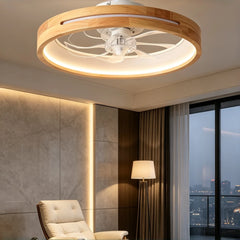 Close-up of a contemporary ceiling fan light with a wooden circular frame and an integrated LED light, mounted in a modern living space with a large window.