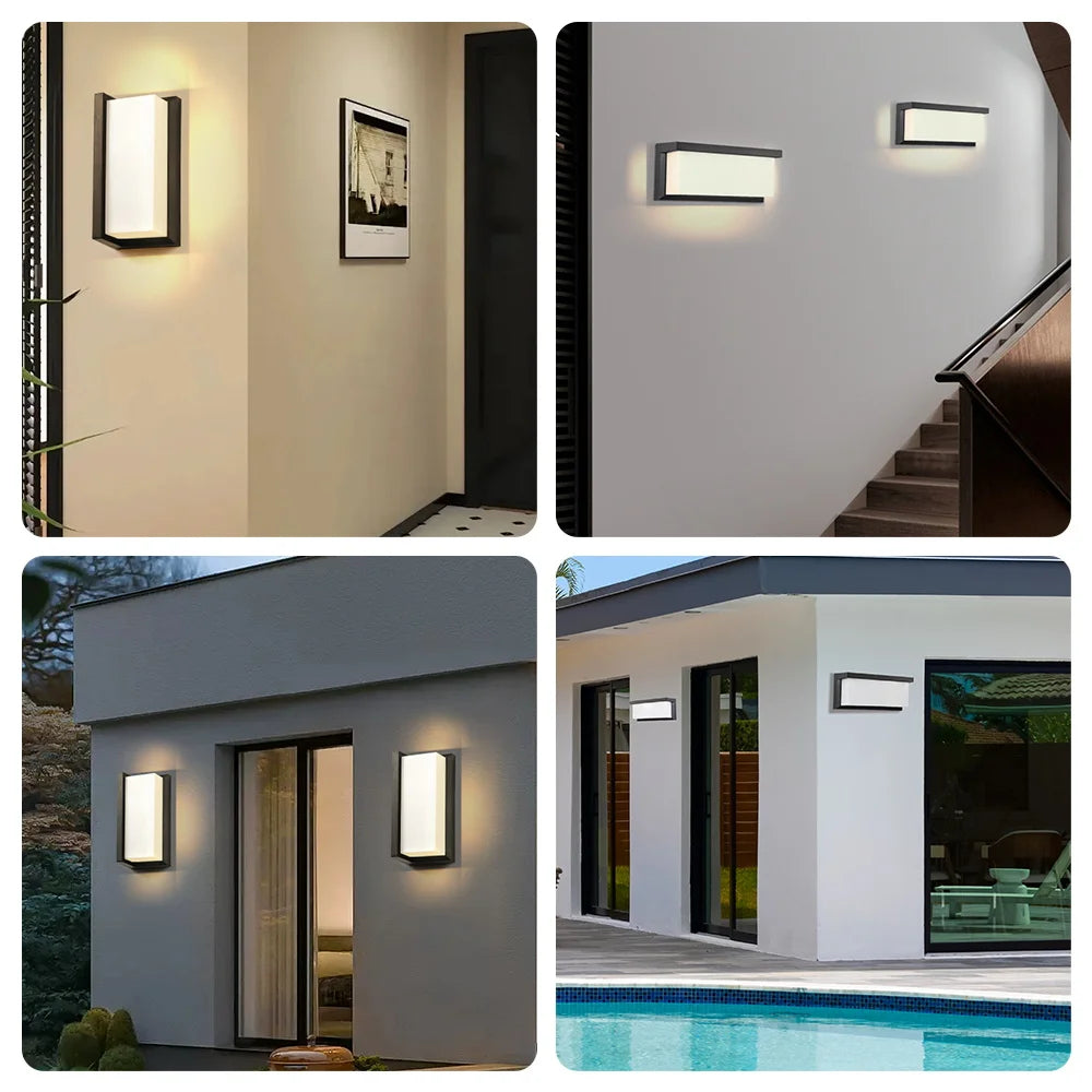 Collage showing the black wall sconce installed in various indoor and outdoor settings, including a hallway and next to a pool.