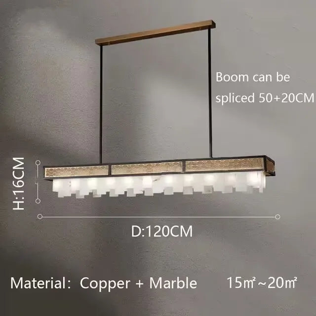 Chandelier with dimensions and material details on a gray background