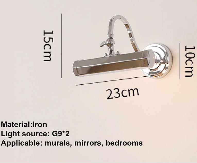 Wall-mounted light fixture with dimensions and specifications on a beige background