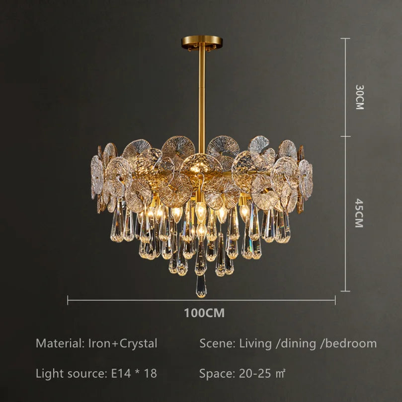 Chandelier with dimensions and material details on a dark background