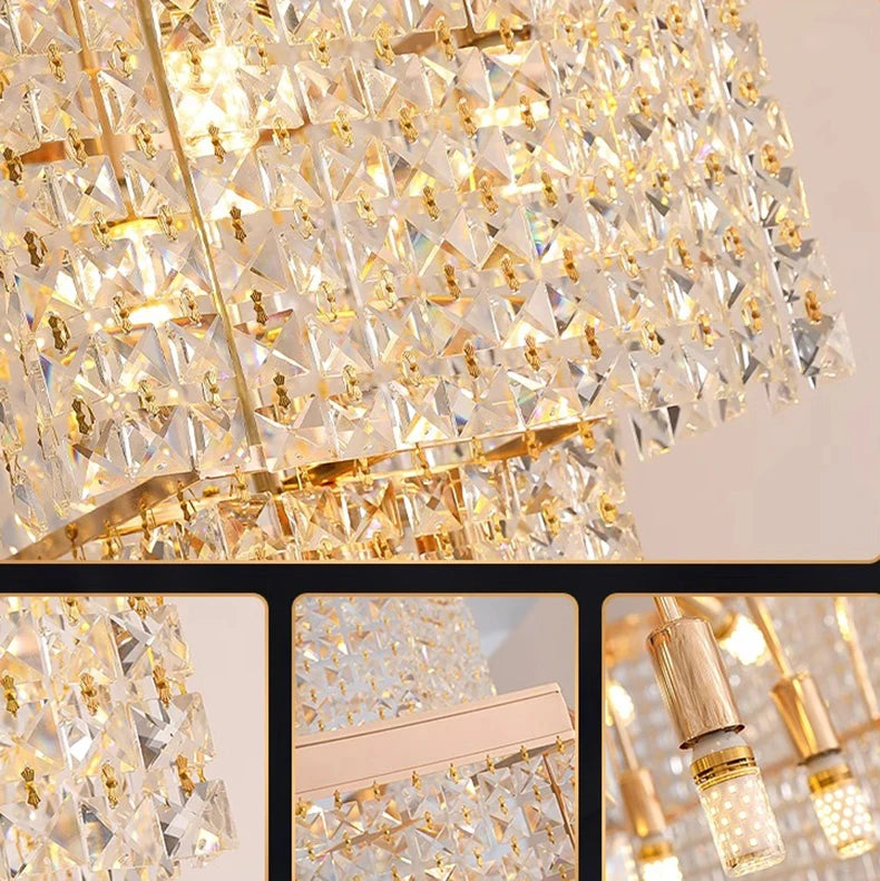 Close-up of a gold and crystal chandelier with detailed views.