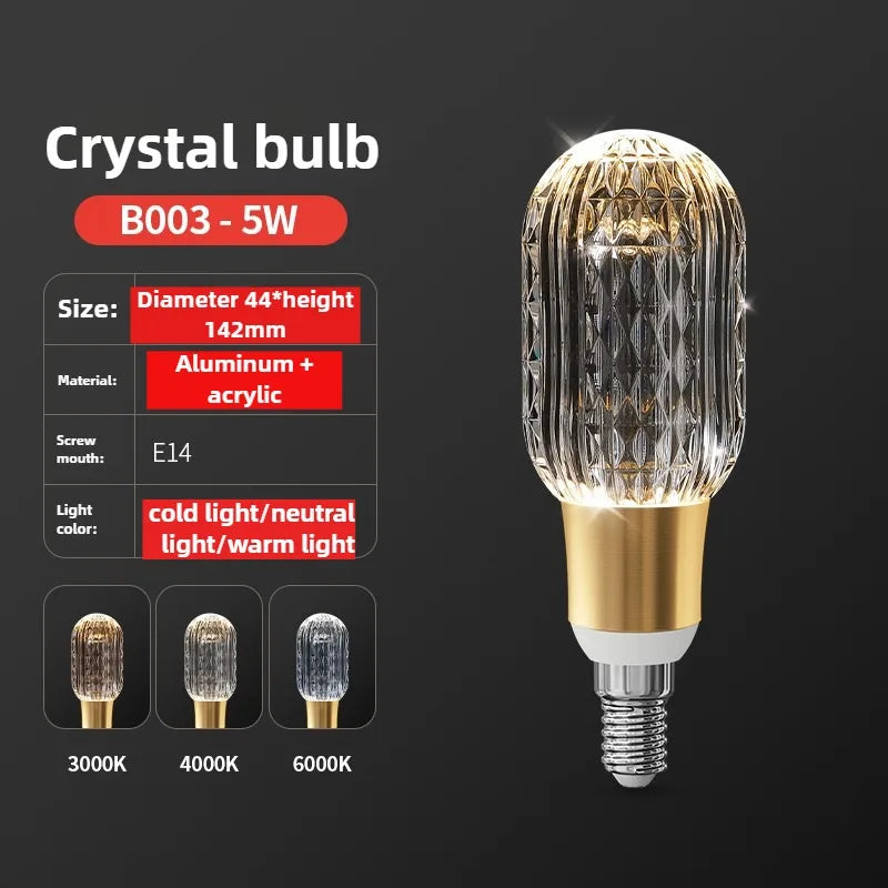Crystal bulb with specifications on a dark background
