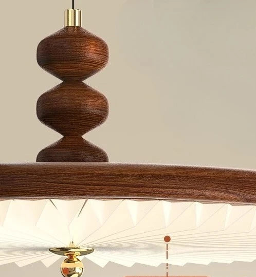 Wooden pendant light with text on a beige background