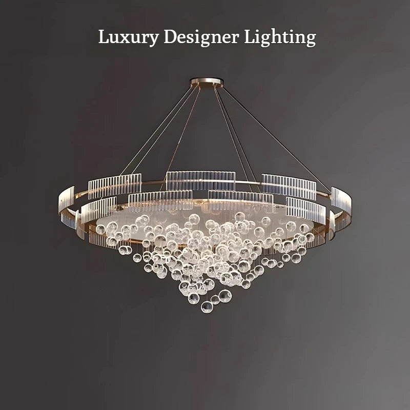 Luxury chandelier with 'Luxury Designer Lighting' text on a dark background