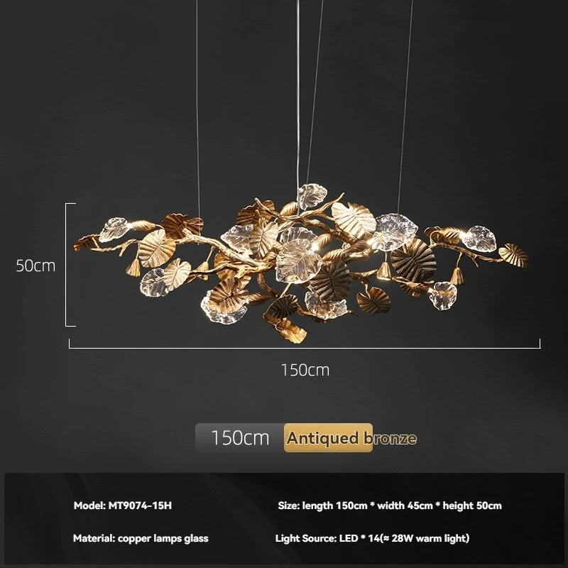 Decorative chandelier with leaf design on a dark background, showing dimensions and material details.