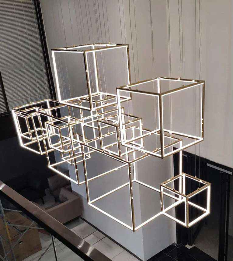 Modern ceiling light fixture with geometric design in a room setting