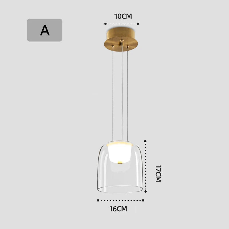 Modern pendant light with clear glass shade and gold fixture, shown with measurements on a white background.