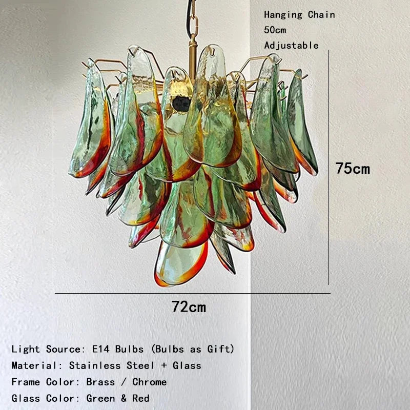 Decorative chandelier with green and red glass elements on a white background, featuring dimensions and material details.
